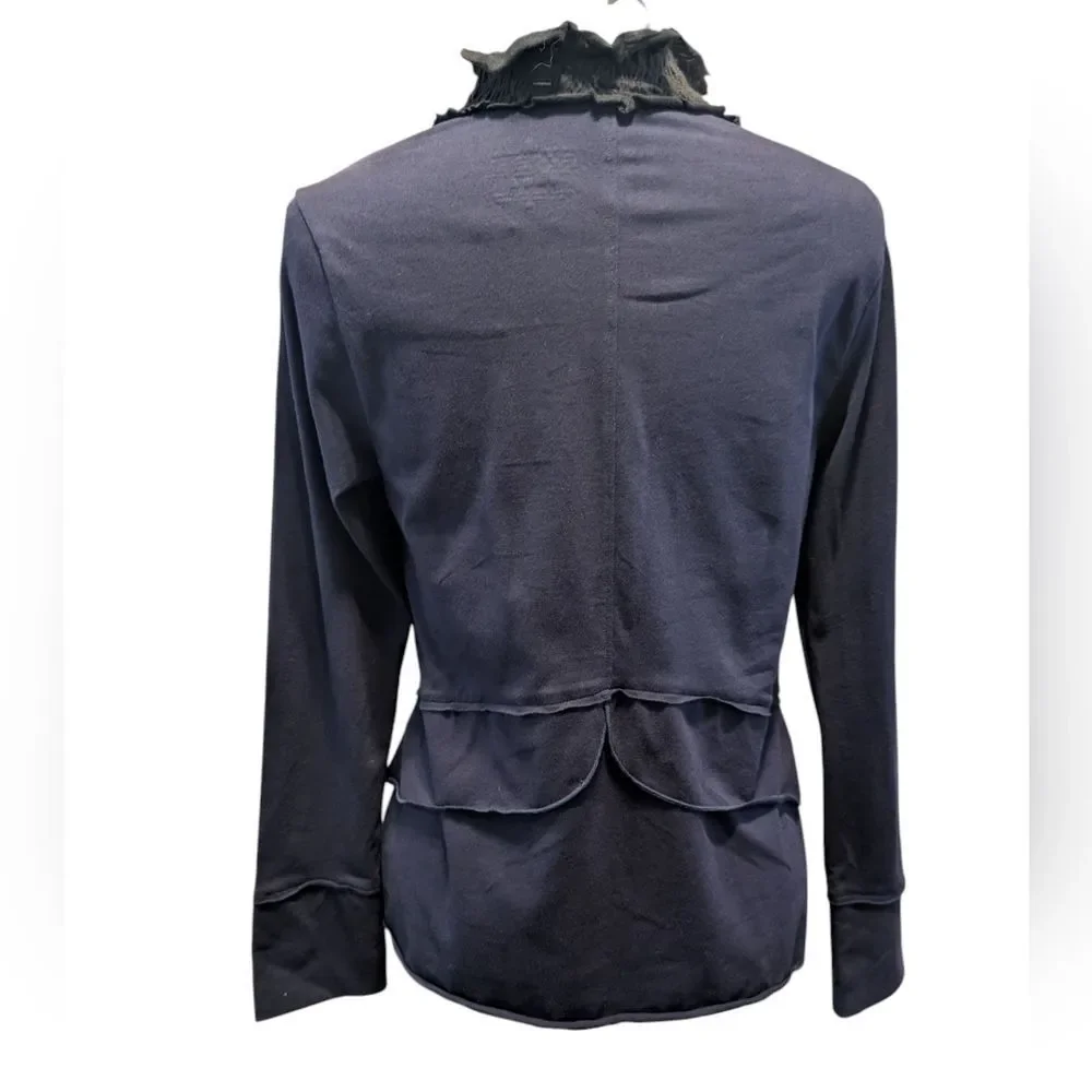 NEON BUDDHA WomeBlue Black Stretch Cotton Jacket Cardigan XS Button Front Ruffle